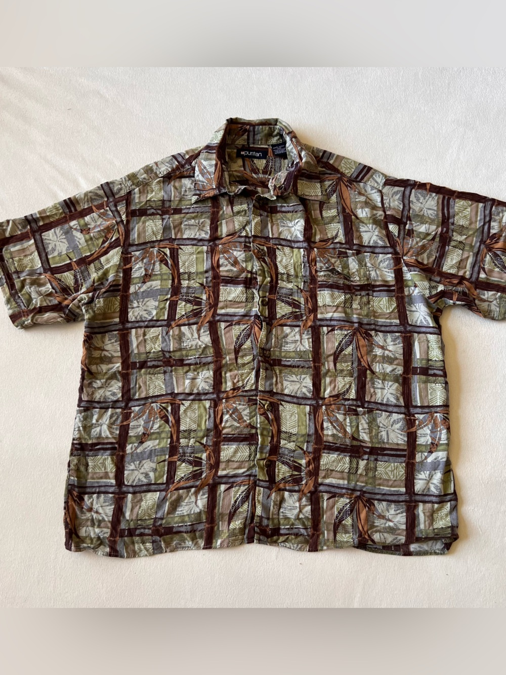 Puritan Men's Short Sleeve Button-Down ShirtOlive Green and Brown Plaid Tiki